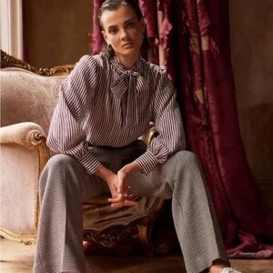 Chic Work Blouse Espresso Striped With Bow Details XS